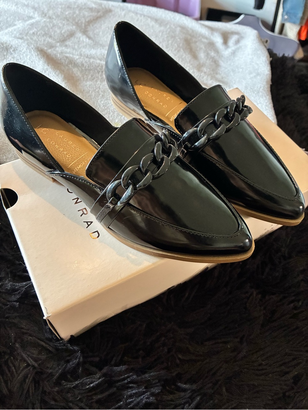 LC Lauren Conrad Black Patent Chain-Trim Loafers
